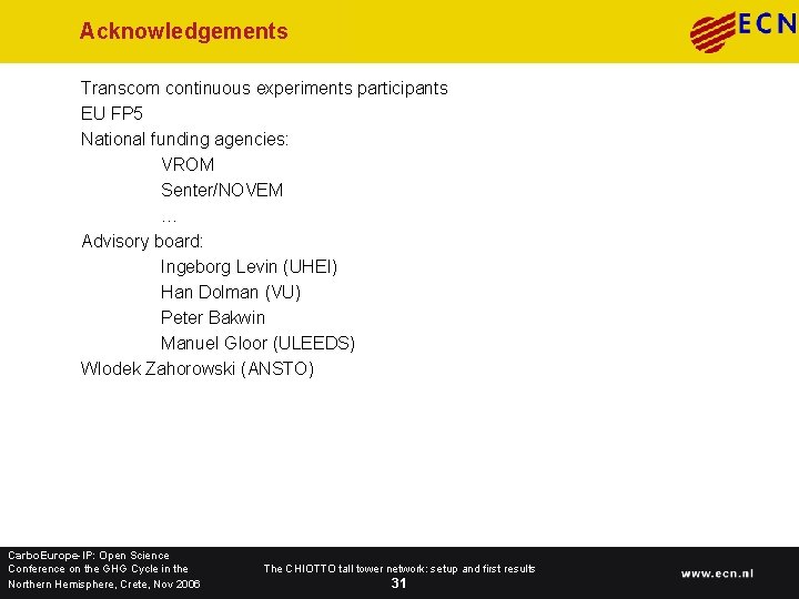 Acknowledgements Transcom continuous experiments participants EU FP 5 National funding agencies: VROM Senter/NOVEM …