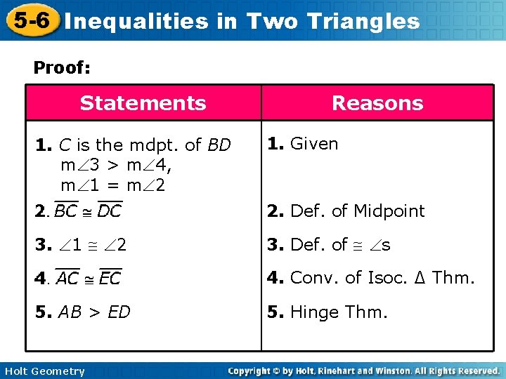 5 -6 Inequalities in Two Triangles Proof: Statements 1. C is the mdpt. of