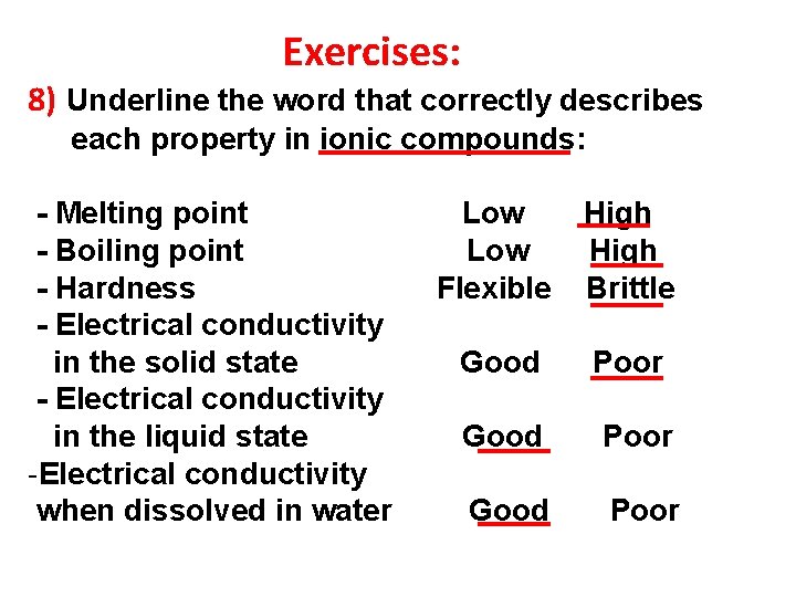 Exercises: 8) Underline the word that correctly describes each property in ionic compounds: -