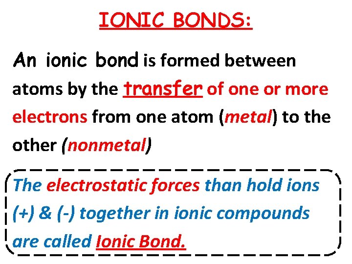 IONIC BONDS: An ionic bond is formed between atoms by the transfer of one