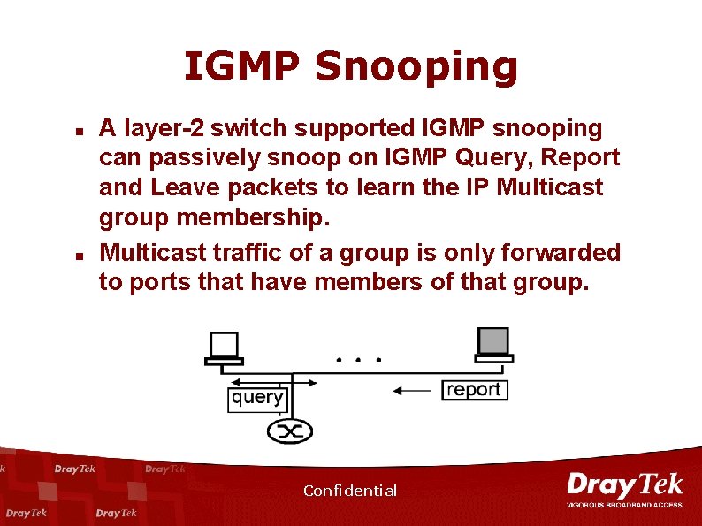 IGMP Snooping n n A layer-2 switch supported IGMP snooping can passively snoop on