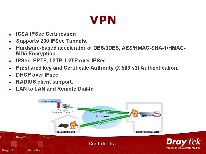 VPN n n n n ICSA IPSec Certification Supports 200 IPSec Tunnels. Hardware-based accelerator