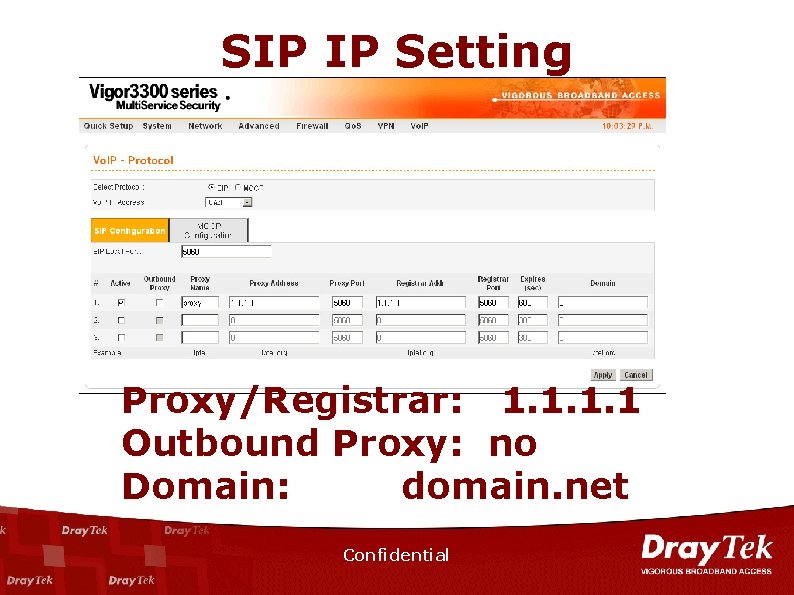 SIP IP Setting Proxy/Registrar: 1. 1 Outbound Proxy: no Domain: domain. net Confidential 