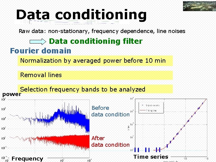 Data conditioning Raw data: non-stationary, frequency dependence, line noises Data conditioning filter Fourier domain