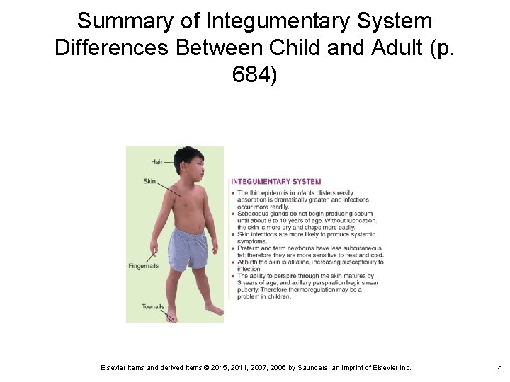Summary of Integumentary System Differences Between Child and Adult (p. 684) Elsevier items and