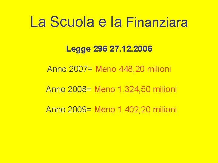 La Scuola e la Finanziara Legge 296 27. 12. 2006 Anno 2007= Meno 448,