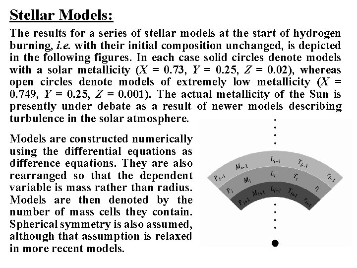 Stellar Models: The results for a series of stellar models at the start of