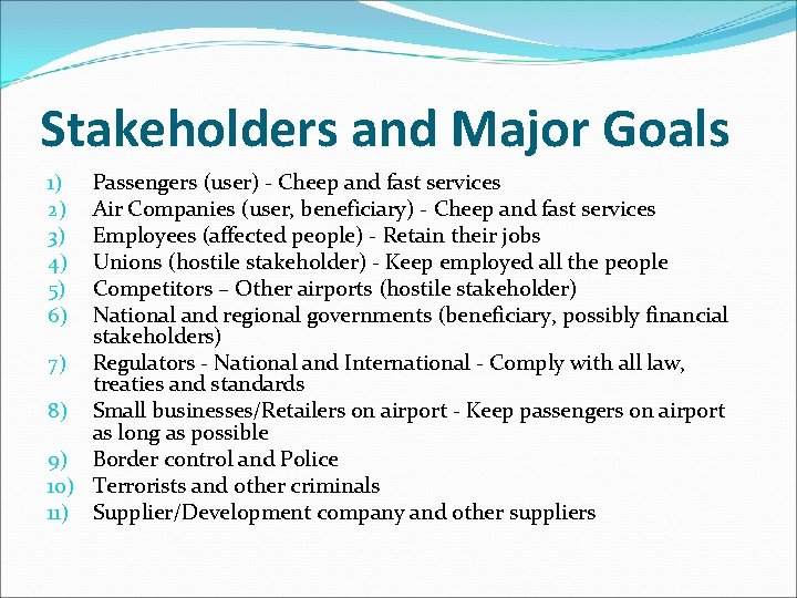 Stakeholders and Major Goals Passengers (user) - Cheep and fast services Air Companies (user, Stakeholders and Major Goals Passengers (user) - Cheep and fast services Air Companies (user,