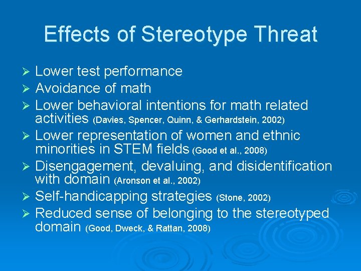 Effects of Stereotype Threat Lower test performance Avoidance of math Lower behavioral intentions for