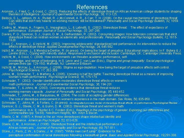 References Aronson, J. , Fried, C. , & Good, C. (2002). Reducing the effects