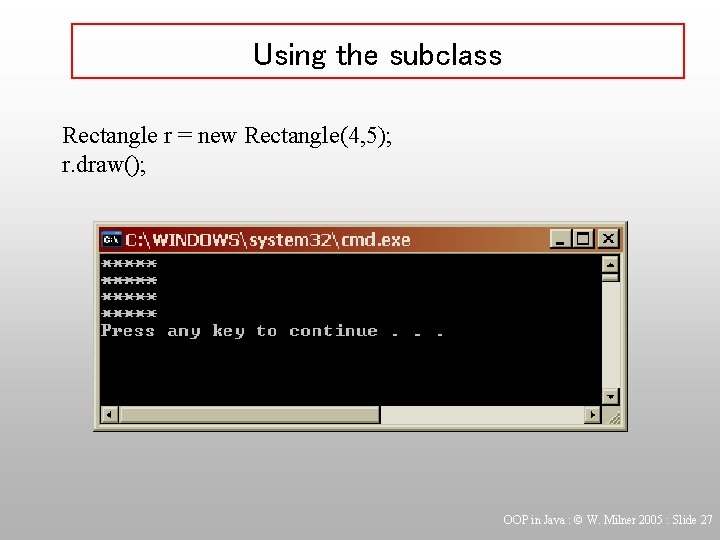 Using the subclass Rectangle r = new Rectangle(4, 5); r. draw(); OOP in Java