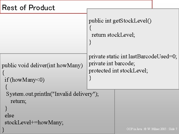 Rest of Product public int get. Stock. Level() { return stock. Level; } private