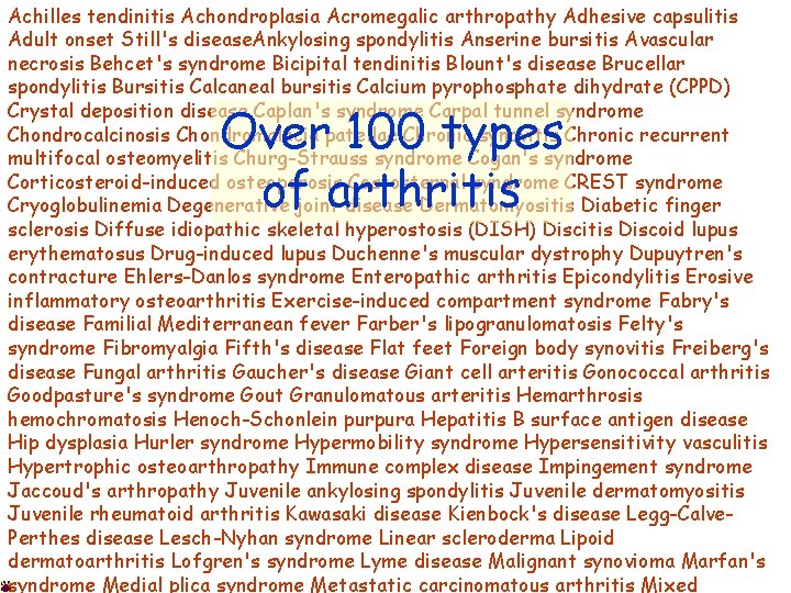 Achilles tendinitis Achondroplasia Acromegalic arthropathy Adhesive capsulitis Adult onset Still's disease. Ankylosing spondylitis Anserine