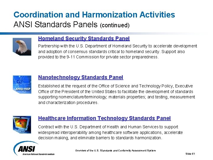 Coordination and Harmonization Activities ANSI Standards Panels (continued) Homeland Security Standards Panel Partnership with