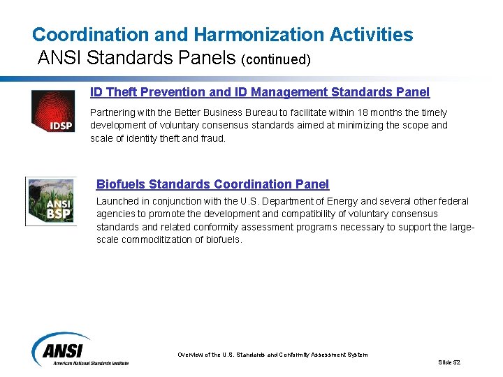 Coordination and Harmonization Activities ANSI Standards Panels (continued) ID Theft Prevention and ID Management