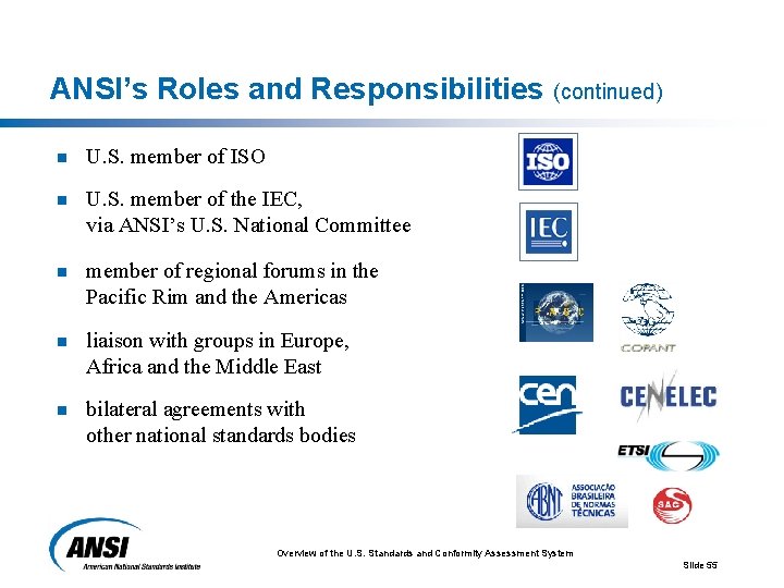 ANSI’s Roles and Responsibilities (continued) n U. S. member of ISO n U. S.