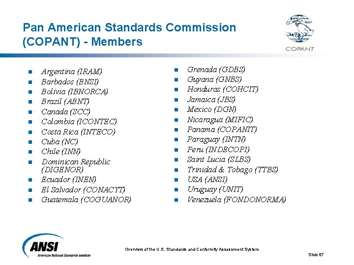 Pan American Standards Commission (COPANT) - Members n n n n Argentina (IRAM) Barbados