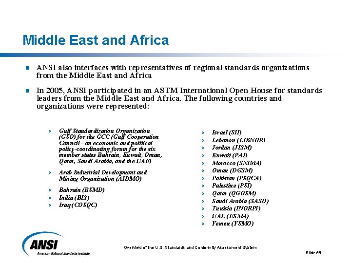 Middle East and Africa n ANSI also interfaces with representatives of regional standards organizations