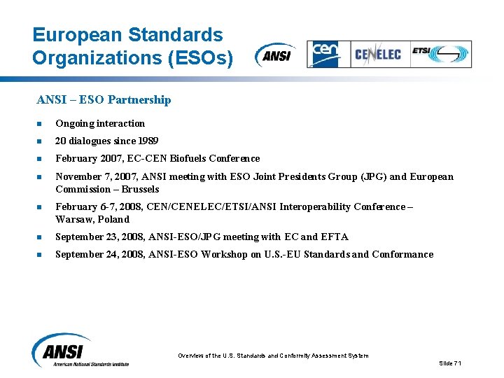 European Standards Organizations (ESOs) ANSI – ESO Partnership n Ongoing interaction n 20 dialogues