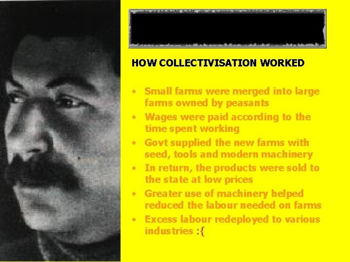 COLLECTIVISATION HOW COLLECTIVISATION WORKED • Small farms were merged into large farms owned by