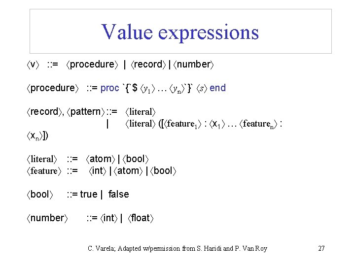 Value expressions v : : = procedure | record | number procedure : :