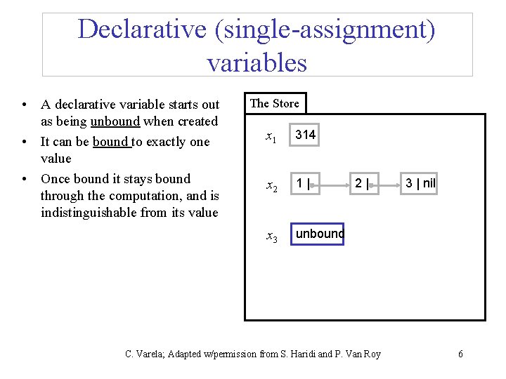 Declarative (single-assignment) variables • A declarative variable starts out as being unbound when created
