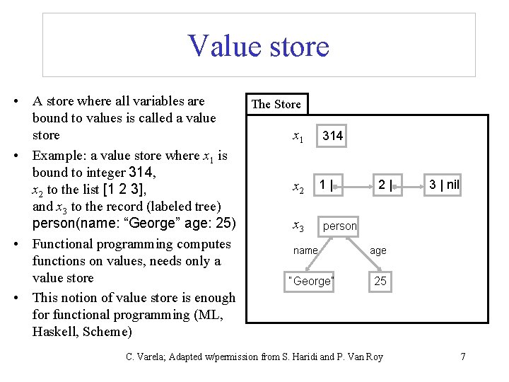 Value store • A store where all variables are bound to values is called