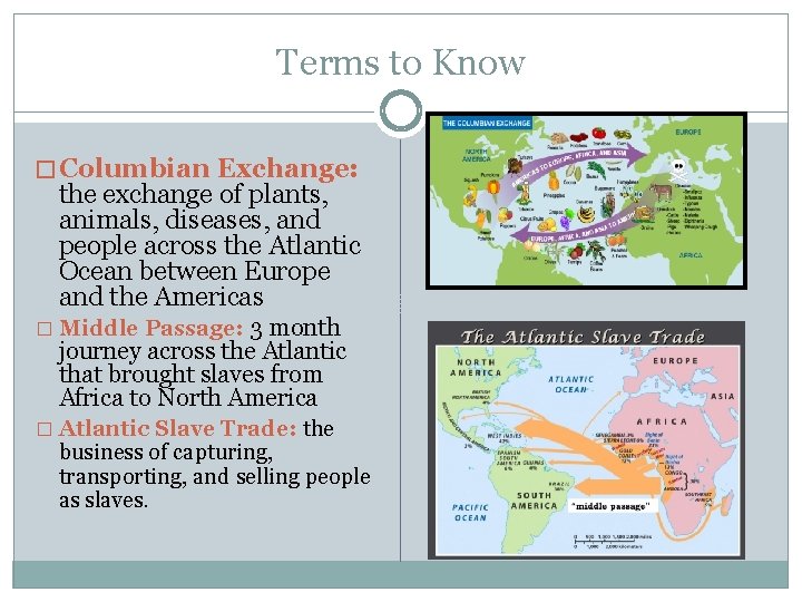 Terms to Know � Columbian Exchange: the exchange of plants, animals, diseases, and people