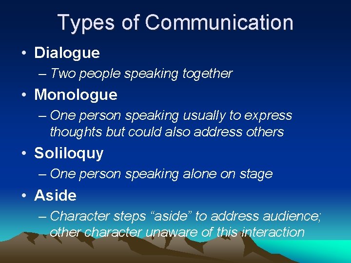 Types of Communication • Dialogue – Two people speaking together • Monologue – One