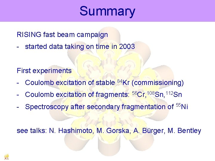 Summary RISING fast beam campaign - started data taking on time in 2003 First