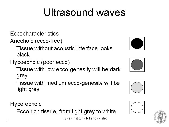 Ultrasound waves Eccocharacteristics Anechoic (ecco-free) Tissue without acoustic interface looks black Hypoechoic (poor ecco)