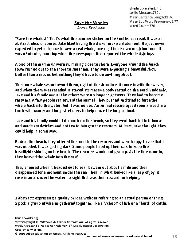 Save the Whales Source: Readworks Grade Equivalent: 4. 3 Lexile Measure: 760 L Mean Save the Whales Source: Readworks Grade Equivalent: 4. 3 Lexile Measure: 760 L Mean