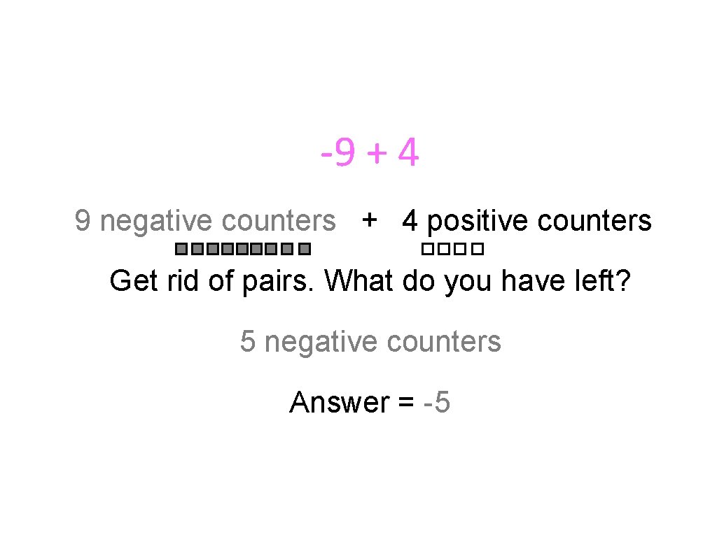 -9 + 4 9 negative counters + 4 positive counters Get rid of pairs.