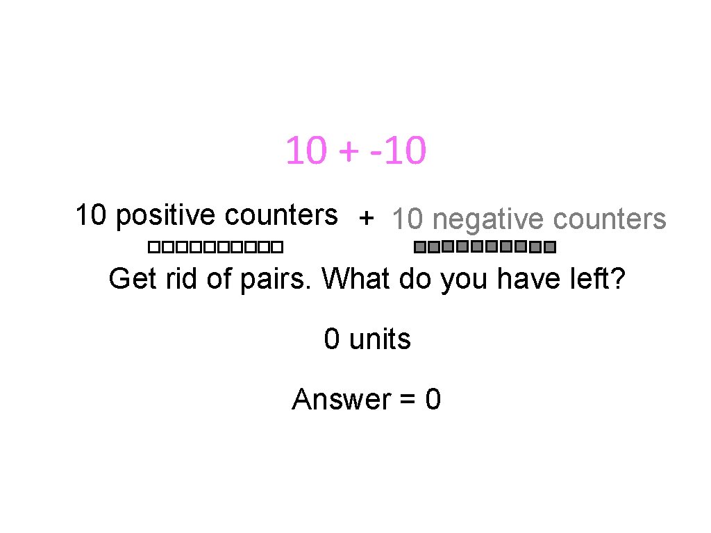10 + -10 10 positive counters + 10 negative counters Get rid of pairs.