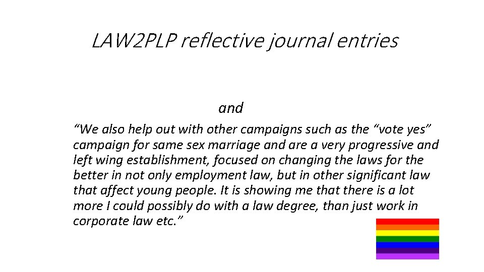 LAW 2 PLP reflective journal entries and “We also help out with other campaigns