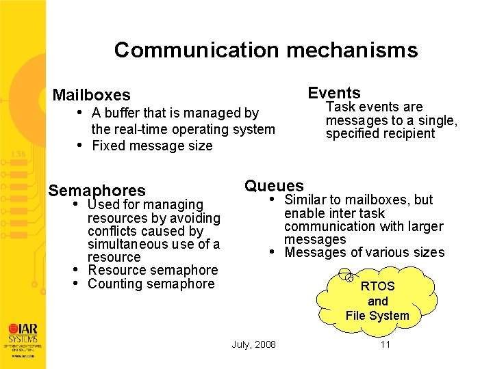 Communication mechanisms Events Mailboxes • A buffer that is managed by • the real-time