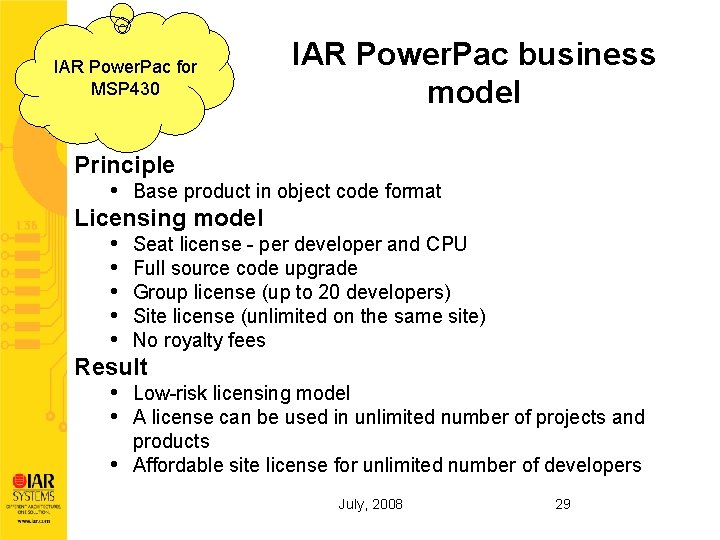 IAR Power. Pac for MSP 430 IAR Power. Pac business model Principle • Base