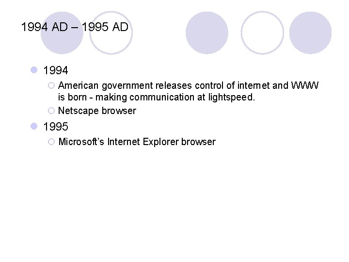 1994 AD – 1995 AD l 1994 ¡ American government releases control of internet 1994 AD – 1995 AD l 1994 ¡ American government releases control of internet