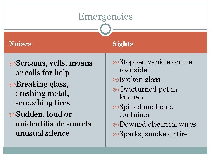 Emergencies Noises Sights Screams, yells, moans Stopped vehicle on the or calls for help