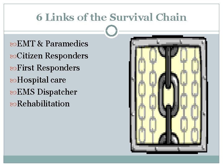 6 Links of the Survival Chain EMT & Paramedics Citizen Responders First Responders Hospital
