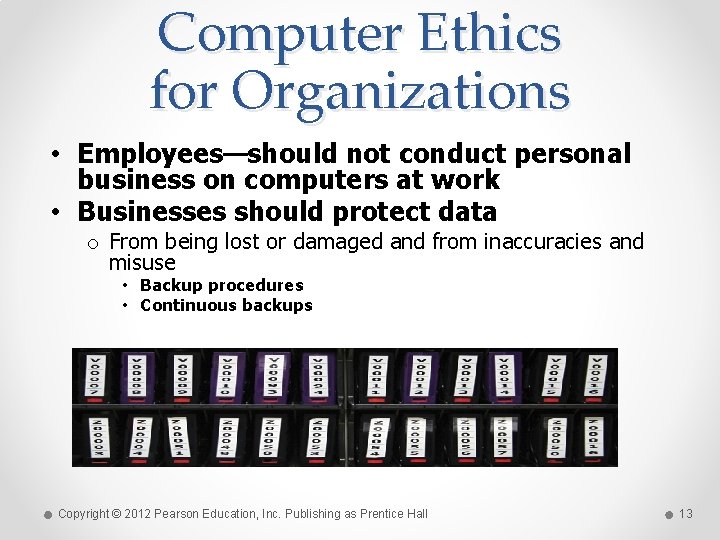 Computer Ethics for Organizations • Employees—should not conduct personal business on computers at work