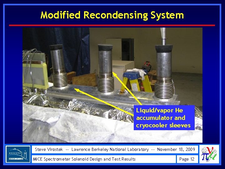 Modified Recondensing System Liquid/vapor He accumulator and cryocooler sleeves Steve Virostek -- Lawrence Berkeley