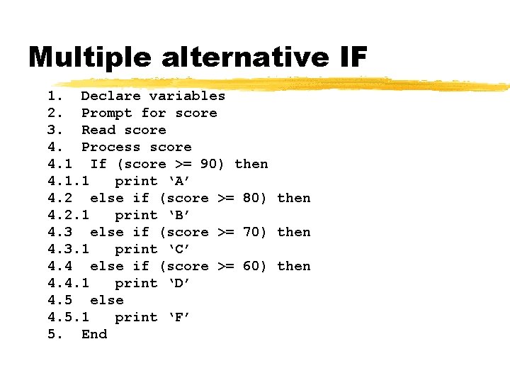 Multiple alternative IF 1. Declare variables 2. Prompt for score 3. Read score 4.