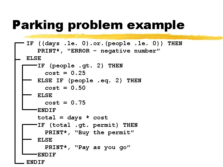 Parking problem example IF ((days. le. 0). or. (people. 0)) THEN PRINT*, “ERROR -