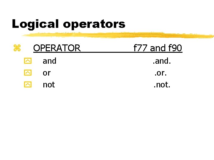 Logical operators OPERATOR z y y y and or not f 77 and f