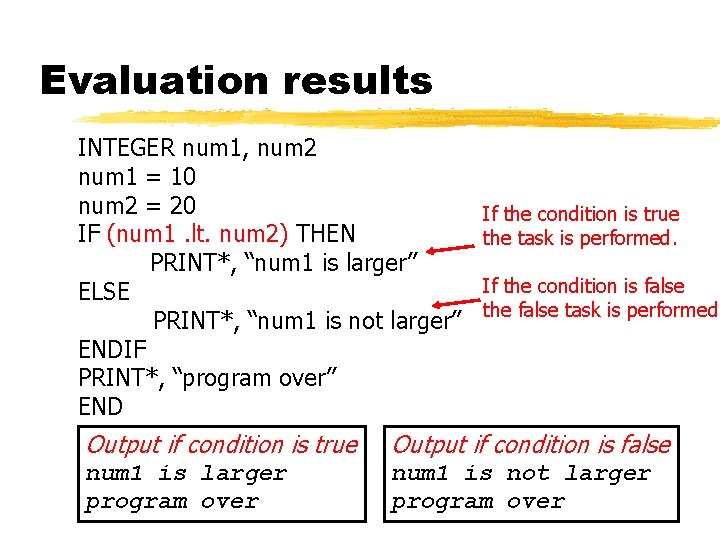 Evaluation results INTEGER num 1, num 2 num 1 = 10 num 2 =