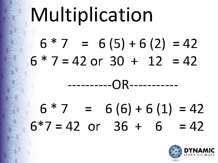 Multiplication 6 * 7 = 6 (5) + 6 (2) = 42 6 *
