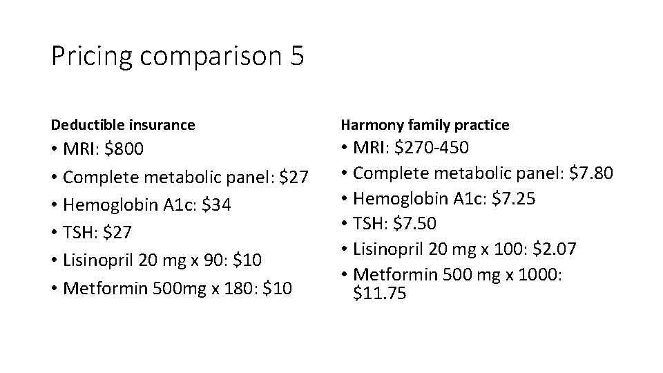 Pricing comparison 5 Deductible insurance Harmony family practice • MRI: $800 • Complete metabolic