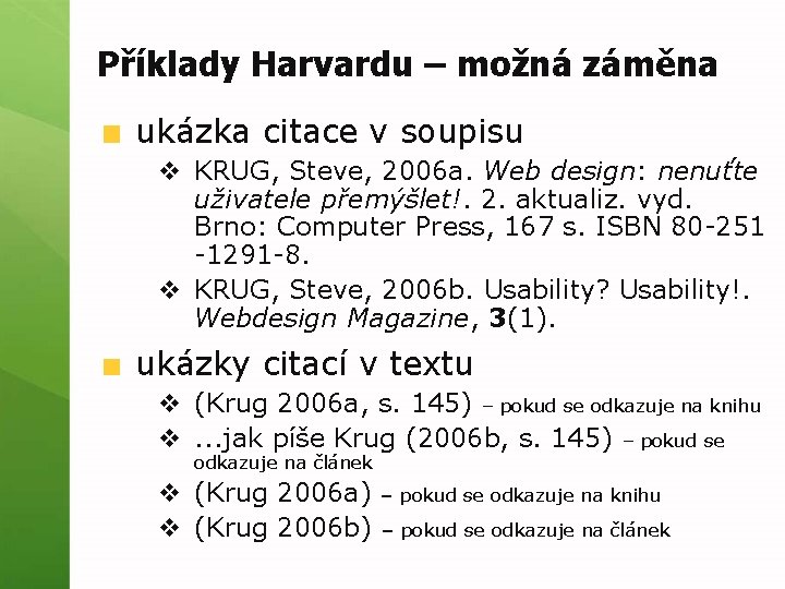 Příklady Harvardu – možná záměna ukázka citace v soupisu v KRUG, Steve, 2006 a.