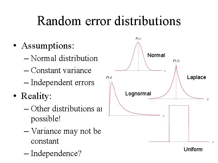 Random error distributions • Assumptions: – Normal distribution – Constant variance – Independent errors